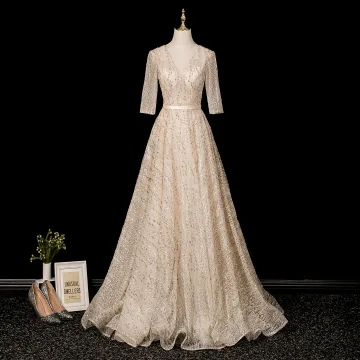 Sparkly Champagne Sequins Prom Dresses 2025 A Line Princess V Neck 1 2 Sleeves Backless Sash Floor Length Long Prom Formal Dresses