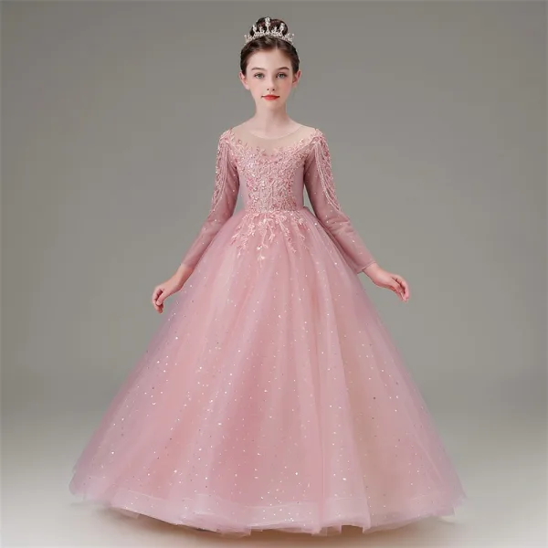 Elegant Candy Pink Beading Sequins Rhinestone Lace Flower Birthday Flower Girl Dresses 2025 Ball Gown Scoop Neck 3/4 Sleeve Floor-Length / Long
