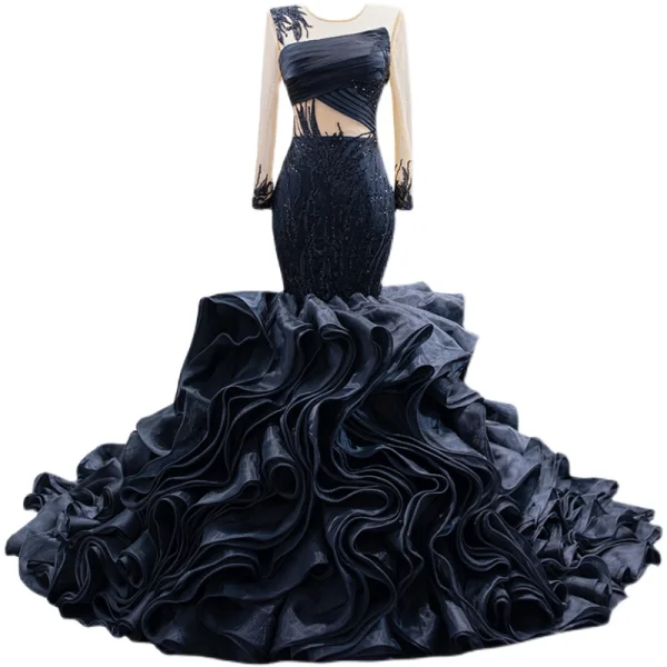 High-end Black Beading Rhinestone Sequins Evening Dresses 2022 Trumpet / Mermaid Scoop Neck Long Sleeve Cascading Ruffles Royal Train Evening Party Formal Dresses