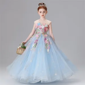Flower Fairy Sky Blue Sequins Lace Flower Appliques Birthday Flower Girl Dresses 2025 Ball Gown Scoop Neck Sleeveless Floor Length Long