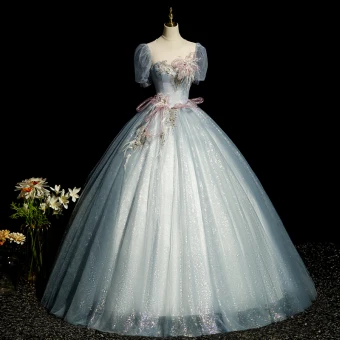 Élégant Gris Perlage Perle En Dentelle Fleur Robe De Bal 2023 Robe Boule Encolure Dégagée Gland Manches Courtes Dos Nu Longue Promo Robe De Ceremonie