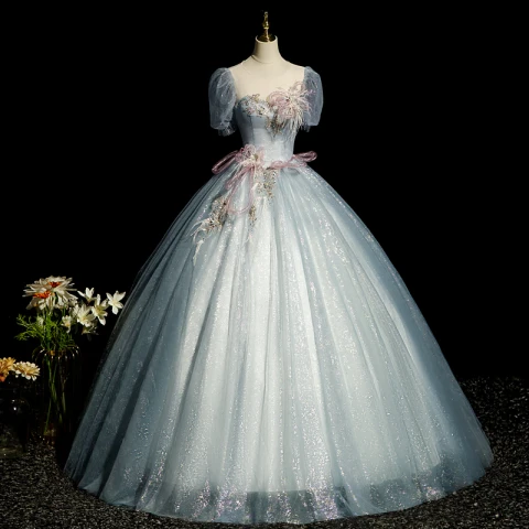 Elegantes Gris Rebordear Perla Con Encaje Flor Vestidos de gala 2023 Ball Gown Scoop Escote Tassel Manga Corta Sin Espalda Largos Gala Vestidos Formales