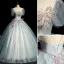Elegant Grey Beading Pearl Lace Flower Prom Dresses 2023 Ball Gown Scoop Neck Tassel Short Sleeve Backless Floor-Length / Long Prom Formal Dresses