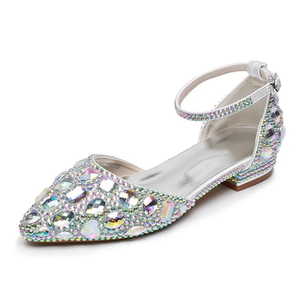 Scintillantes Argenté Faux Diamant Plat À Bout Pointu Chaussure De Mariée 2024 Mariage Sandales Talons Hauts
