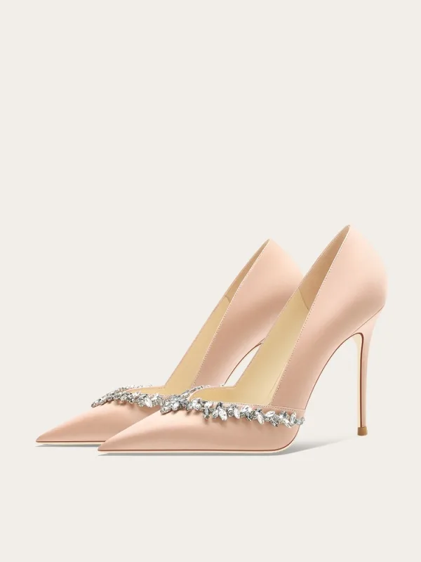 Elegante Champagne Rhinestone Satijn Bruidsschoenen 2024 10 cm Naaldhakken / Stiletto Spitse Neus Huwelijk Pumps Hoge Hakken