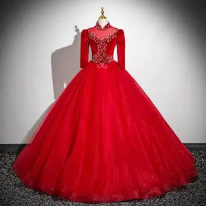 Vintage Originale Bordeaux Perlage Robe De Bal 2025 Robe Boule Col Haut 3 4 Manches Dos Nu Longue Promo Robe De Ceremonie