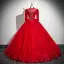 Vintage / Retro Burgundy Beading Prom Dresses 2025 Ball Gown High Neck 3/4 Sleeve Backless Floor-Length / Long Prom Formal Dresses