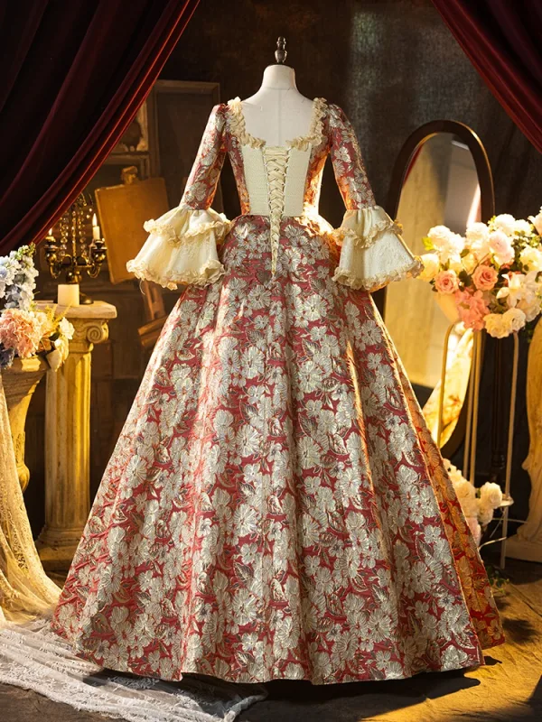 Medieval Vintage / Retro Red Glitter Printing Pearl Bow Cosplay Lolita Prom Dresses 2024 Ball Gown Square Neckline Bell sleeves Backless