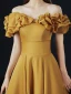 Vintage / Retro Yellow Prom Dresses 2021 A-Line / Princess Off-The-Shoulder Ruffle Short Sleeve Solid Color Satin Engagement Formal Dresses Sweep Train