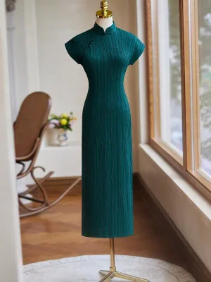 Chiński Styl Vintage Ciemnozielony Bal Cheongsam 2024 Syrena Rozkloszowane Wysokiej Szyi Kótkie Rękawy Długie