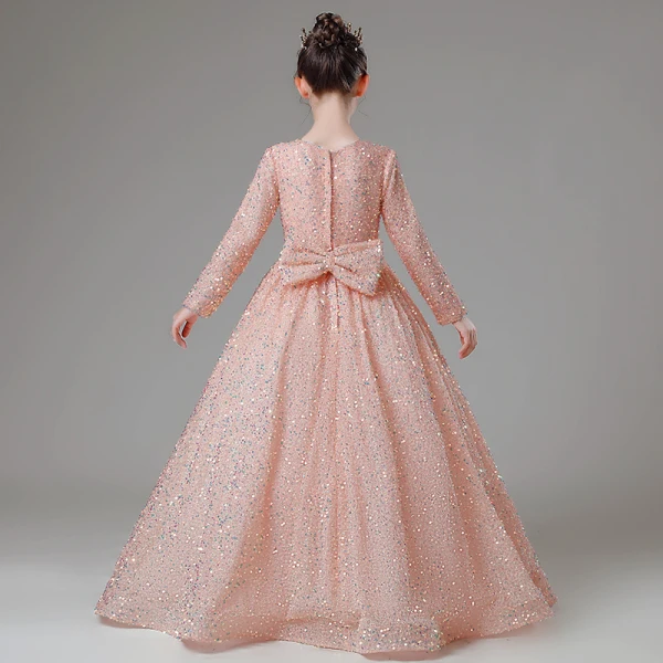 Scintillantes Rougissant Rose Paillettes Robe Ceremonie Fille 2022 Robe Boule Encolure Dégagée Manches Longues Noeud Longue Promo Robe Ceremonie Fille