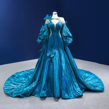 Luxury Gorgeous Ocean Blue Beading Pearl Sequins Bow Pierced Prom Dresses 2022 Trumpet Mermaid Scoop Neck Long Sleeve Backless Royal Train Prom Formal Dresses
