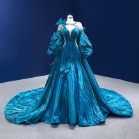 Luxe Oceaan Blauw Kralen Parel Pailletten Strik Doorboord Galajurken 2022 Trompet / Zeemeermin Ronde Hals Lange Mouwen Ruglooze Royal Train Gala Gelegenheid Jurken