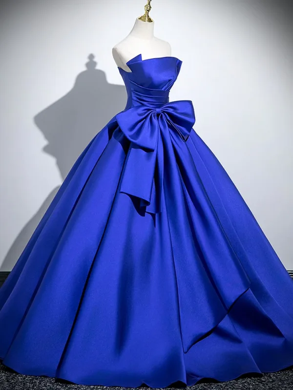 Elegant Royal Blue Satin Bow Prom Dresses 2025 Ball Gown Strapless Sleeveless Backless Floor-Length / Long Prom Formal Dresses