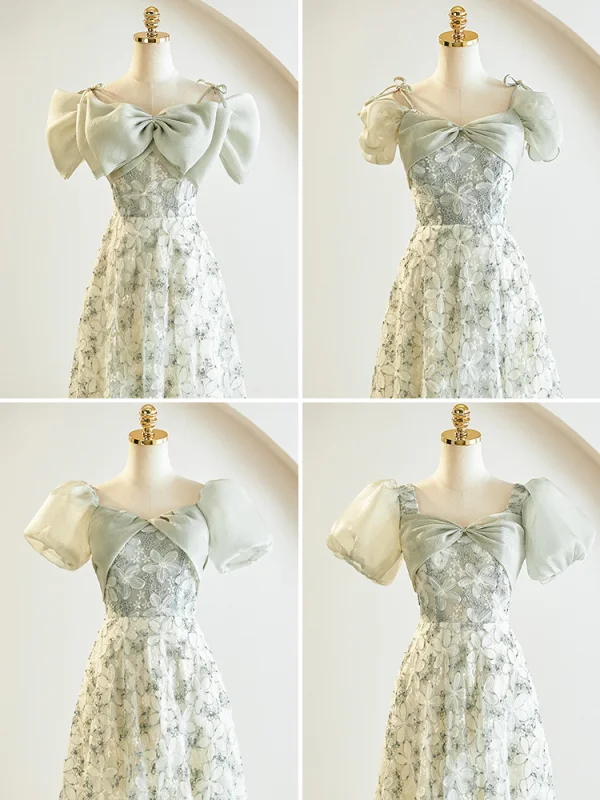 Chic / Beautiful Sage Green Flower Bridesmaid Dresses 2023 A-Line / Princess Puffy Short Sleeve Backless Tea-length Bridesmaid Dresses