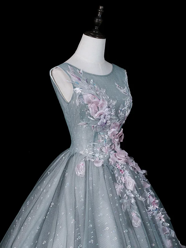 Vintage Taubenblau Spitze Blumen Applikationen Pailletten Ballkleider 2026 Ballkleid Rundhalsausschnitt Ärmellos Rückenfreies