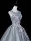 Vintage Taubenblau Spitze Blumen Applikationen Pailletten Ballkleider 2026 Ballkleid Rundhalsausschnitt Ärmellos Rückenfreies
