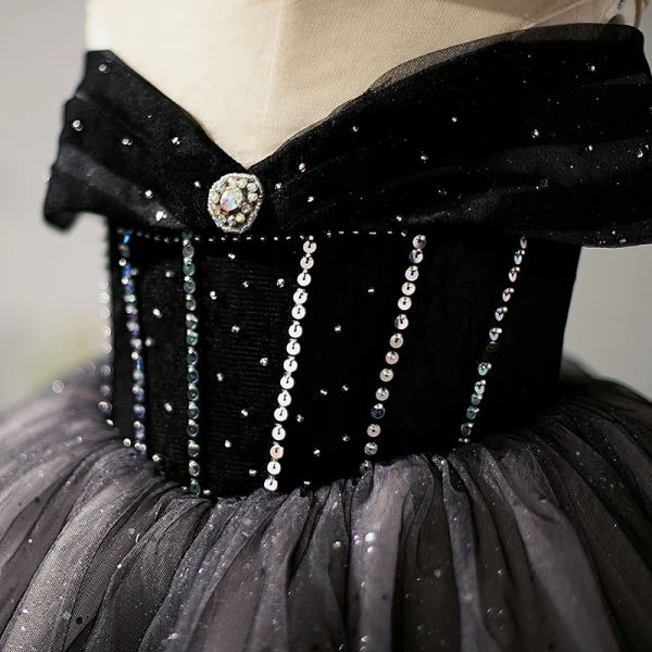 Fashion Black Rhinestone Sequins Cascading Ruffles Flower Girl Dresses 2023 Ball Gown Scoop Neck Birthday Short Sleeve Floor-Length / Long