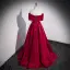 Chic / Beautiful Burgundy Satin Prom Dresses 2022 A-Line / Princess Off-The-Shoulder Bow Short Sleeve Backless Pearl Floor-Length / Long Prom Formal Dresses