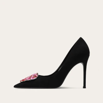 Mode Noire Forme De Coeur Faux Diamant Promo Escarpins 2024 Cuir 10 Cm Talons Aiguilles À Bout Pointu Escarpins