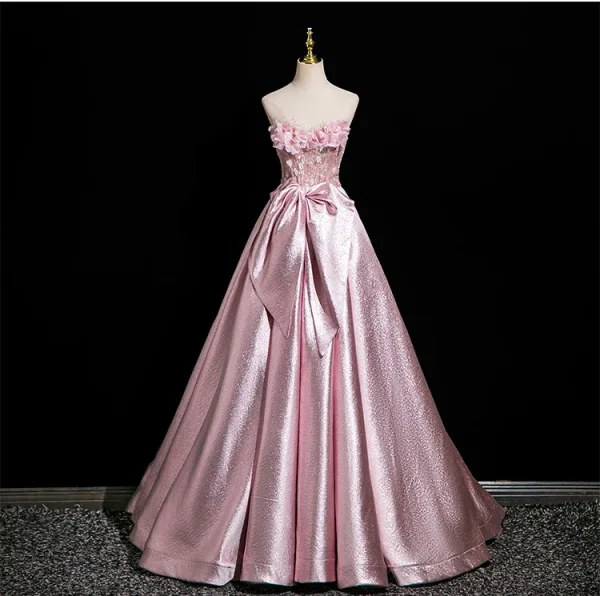 Flower Fairy Blushing Pink Sequins Appliques Prom Dresses 2025 Strapless Sleeveless Backless Floor-Length / Long Formal Dresses Ball Gown