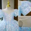 Sparkly Sky Blue Pearl Sequins Birthday Flower Girl Dresses 2022 Ball Gown Scoop Neck Puffy Short Sleeve Backless Short Flower Girl Dresses