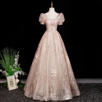 Chic Belle Rougissant Rose Glitter Robe De Bal 2025 Robe Boule Encolure Carrée Manches Courtes Dos Nu Longue Robe De Ceremonie