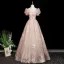 Chic / Beautiful Blushing Pink Glitter Prom Dresses 2025 Ball Gown Square Neckline Short Sleeve Backless Floor-Length / Long Formal Dresses