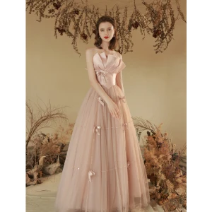 Charmant Rougissant Rose Perlage Robe De Soirée 2023 Princesse Bustier Noeud Sans Manches Dos Nu Longue Soirée Robe De Ceremonie