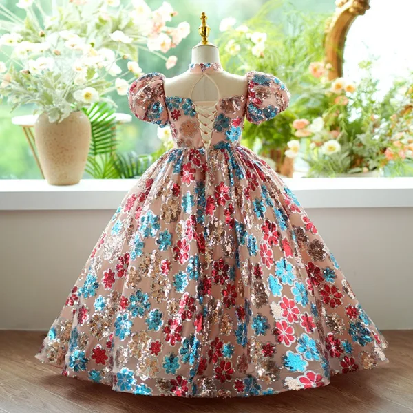 Sparkly Multi-Colors Sequins Birthday Flower Girl Dresses 2024 Ball Gown High Neck Puffy Short Sleeve Backless Floor-Length / Long Flower Girl Dresses