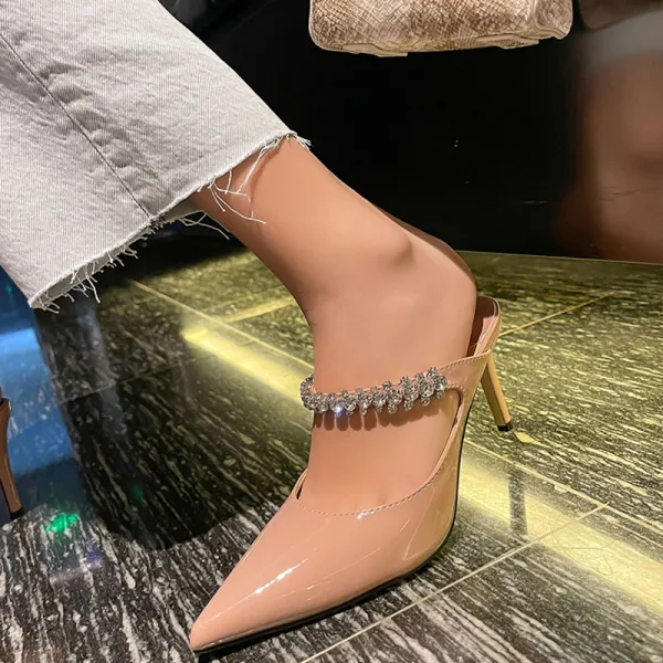 Charming Beige Rhinestone Evening Party Womens Sandals 2022 8 cm Stiletto Heels Pointed Toe Sandals High Heels