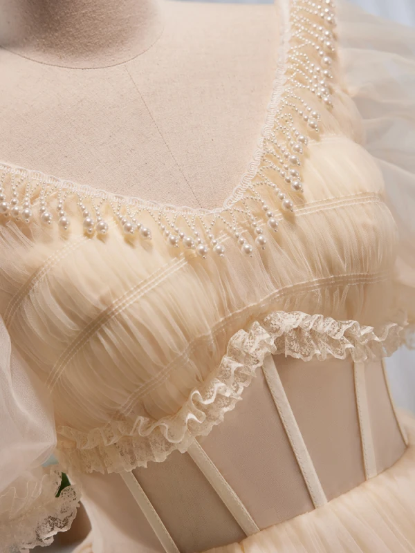 Chic / Belle Champagne Volants en Cascade Robe De Bal 2023 Princesse Perle V-Cou Manches Courtes Dos Nu Longue Promo Robe De Ceremonie