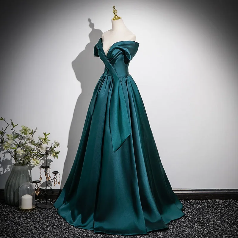 Vintage / Retro Dark Green Prom Dresses 2025 A-Line / Princess  Off-The-Shoulder Short Sleeve Backless Floor-Length / Long Formal Dresses