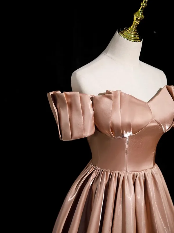 Elegant Khaki Ruffle Satin Prom Dresses 2023 A-Line / Princess Off-The-Shoulder Short Sleeve Backless Floor-Length / Long Prom Formal Dresses