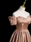 Elegant Khaki Ruffle Satin Prom Dresses 2023 A-Line / Princess Off-The-Shoulder Short Sleeve Backless Floor-Length / Long Prom Formal Dresses