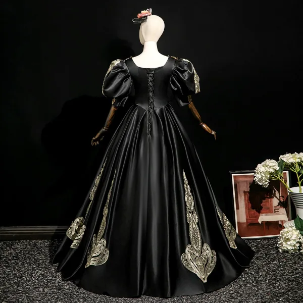 Vintage / Retro Black Satin Lace Flower Prom Dresses 2025 Ball Gown Square Neckline Puffy Short Sleeve Backless Floor-Length / Long Prom Formal Dresses
