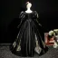 Vintage / Retro Black Satin Lace Flower Prom Dresses 2025 Ball Gown Square Neckline Puffy Short Sleeve Backless Floor-Length / Long Prom Formal Dresses