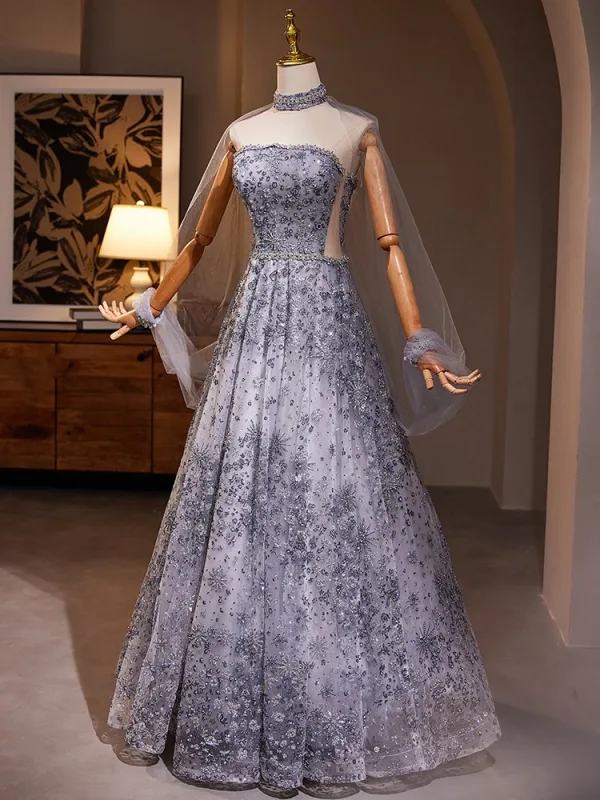 Charming Lavender Beading Rhinestone Prom Dresses 2024 A-Line / Princess Strapless Sleeveless Backless Floor-Length / Long Prom Formal Dresses