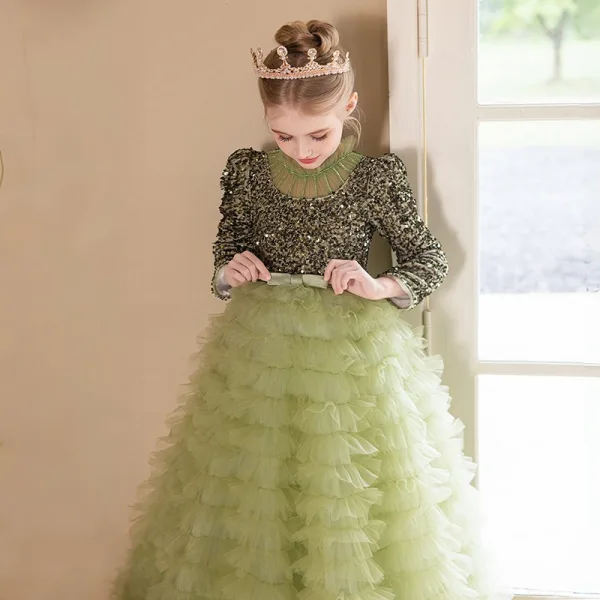 Sparkly Sage Green Cascading Ruffles Sequins Birthday Flower Girl Dresses 2024 A-Line / Princess High Neck Long Sleeve Bow Sash Floor-Length / Long Flower Girl Dresses