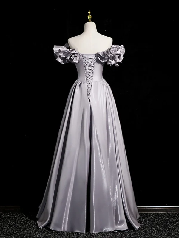 Chic / Beautiful Grey Satin Prom Dresses 2023 A-Line / Princess Ruffle Off-The-Shoulder Sleeveless Backless Floor-Length / Long Prom Formal Dresses