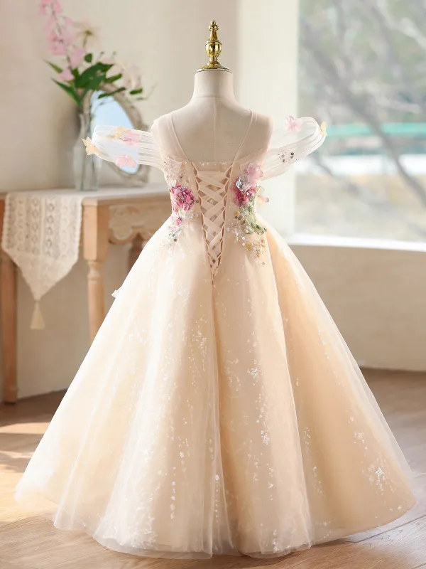 Elegante Champagner Pailletten Spitze Blumen Geburtstag Blumenmädchenkleider 2026 Ballkleid Rundhalsausschnitt Ärmellos Rückenfreies Lange Tülle
