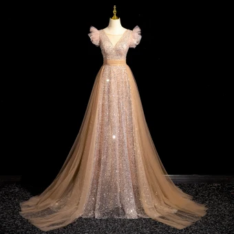 Sparkly Gold Beading Sequins Prom Dresses 2024 A Line Princess Scoop Neck Short Sleeve Backless Sweep Train Prom Formal Dresses