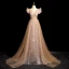 Sparkly Gold Beading Sequins Prom Dresses 2024 A-Line / Princess Scoop Neck Short Sleeve Backless Sweep Train Prom Formal Dresses