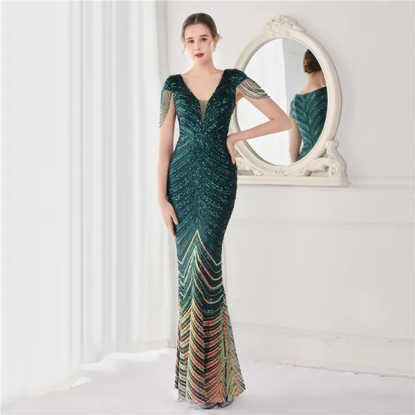 Sexy Black Beading Sequins Evening Dresses 2022 Trumpet / Mermaid V-Neck Sleeveless Floor-Length / Long Evening Party Formal Dresses