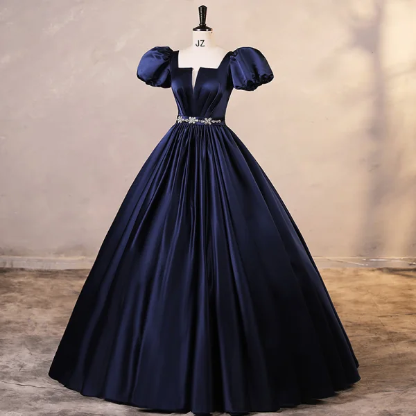 Elegant Burgundy Satin Prom Dresses 2023 Ball Gown Square Neckline Puffy Short Sleeve Backless Rhinestone Sash Floor-Length / Long Prom Formal Dresses
