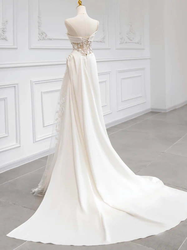 Charmant Légère Blanche En Dentelle Fleur Satin Robe De Mariée 2024 Trompette / Sirène Bretelles Spaghetti Sans Manches Dos Nu Train De Balayage Mariage