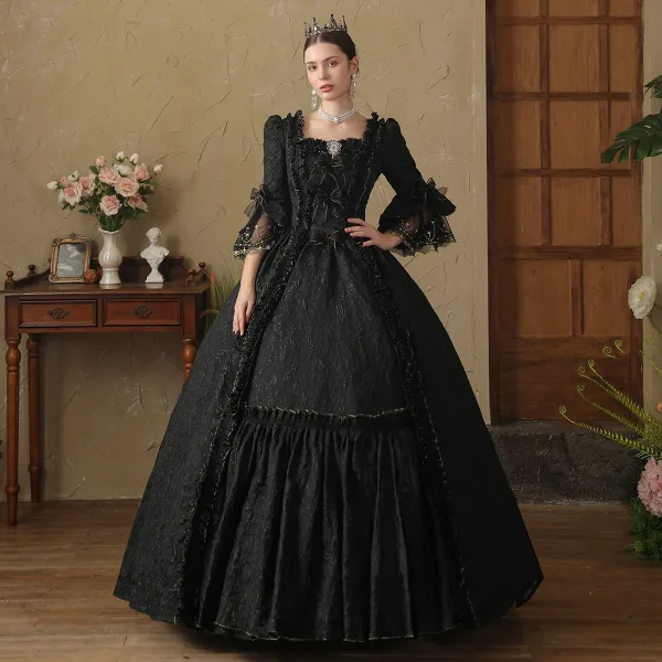 Vintage / Retro Medieval Gothic Black Beading Printing Bow Prom Dresses 2024 Ball Gown Square Neckline Bell sleeves Floor-Length / Long Prom Formal Dresses