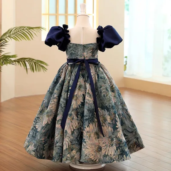 Vintage / Originale Bleu Marine Anniversaire Impression Robe Ceremonie Fille 2023 Princesse Encolure Carrée Gonflée Manches Courtes Dos Nu Noeud Ceinture Longue
