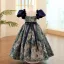 Vintage / Originale Bleu Marine Anniversaire Impression Robe Ceremonie Fille 2023 Princesse Encolure Carrée Gonflée Manches Courtes Dos Nu Noeud Ceinture Longue