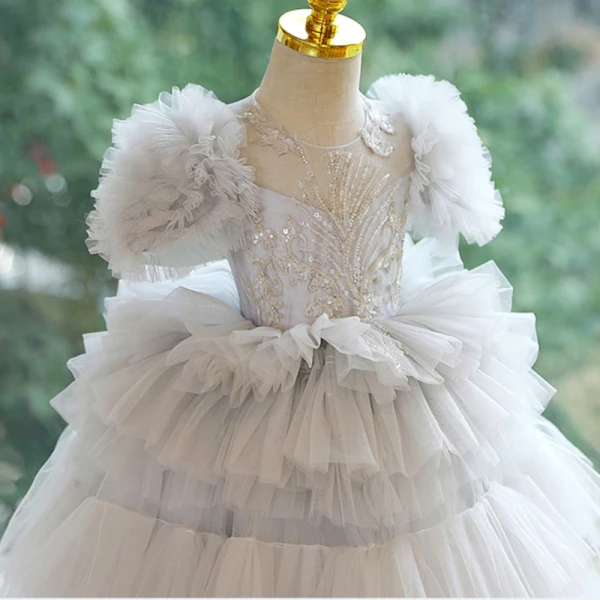 Chic / Beautiful Grey Beading Sequins Cascading Ruffles Flower Girl Dresses 2023 Ball Gown Scoop Neck Puffy Short Sleeve Backless Floor-Length / Long Flower Girl Dresses
